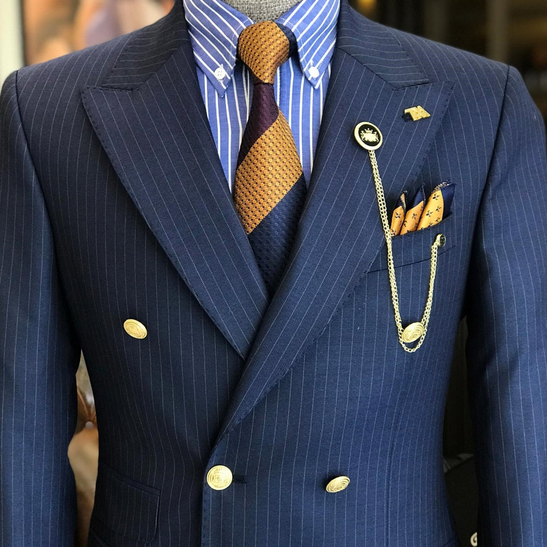 Modern Dark Navy Striped Bespoke Double Breasted Business Suits