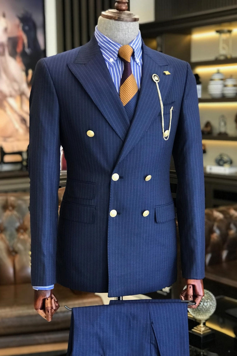 Modern Dark Navy Striped Bespoke Double Breasted Business Suits