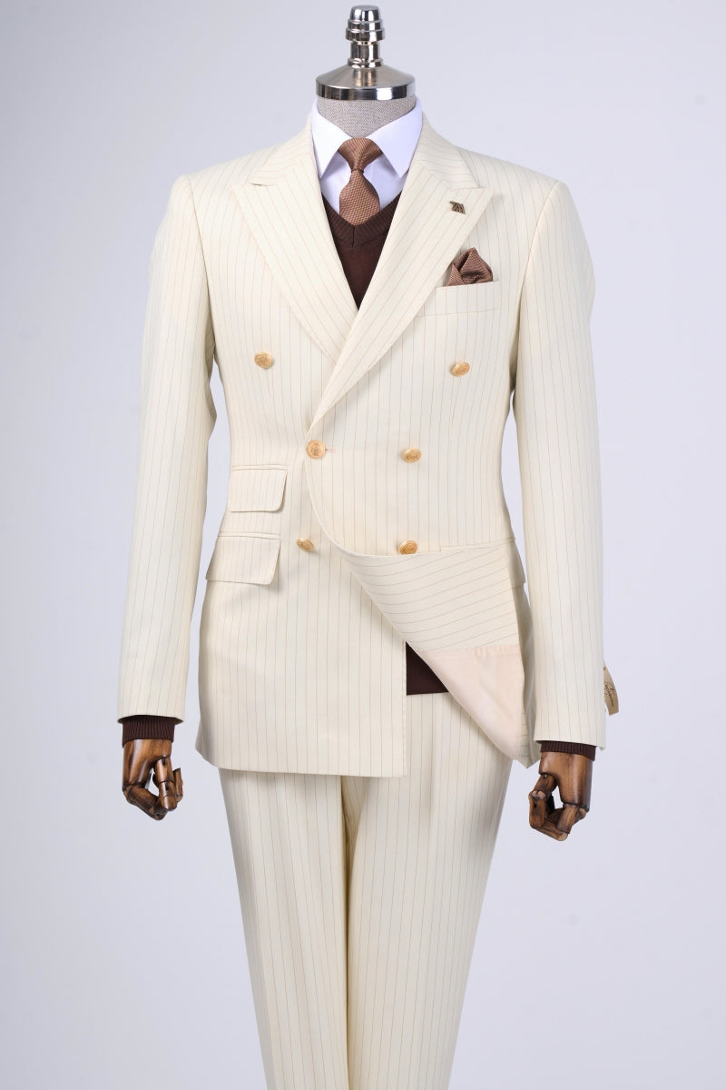 Modern Ivory Striped Bespoke Double Breasted Business Suits