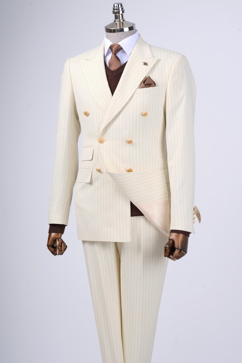 Modern Ivory Striped Bespoke Double Breasted Business Suits