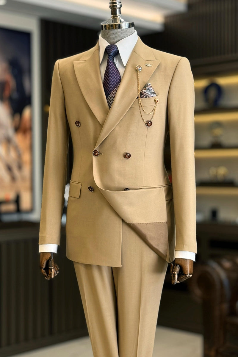 Stylish Khaki Double Breasted Bespoke Suits For Men