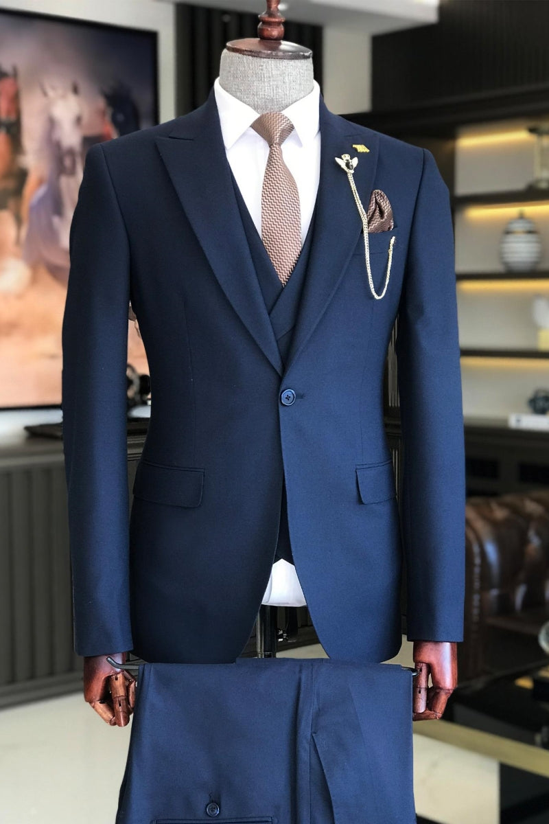 Newest Navy Blue Close Fitting Suits For Men With Waistcoat