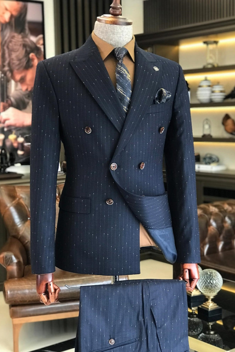 Stylish Dark Navy Blue Pinstripe Double Breasted Business Suits