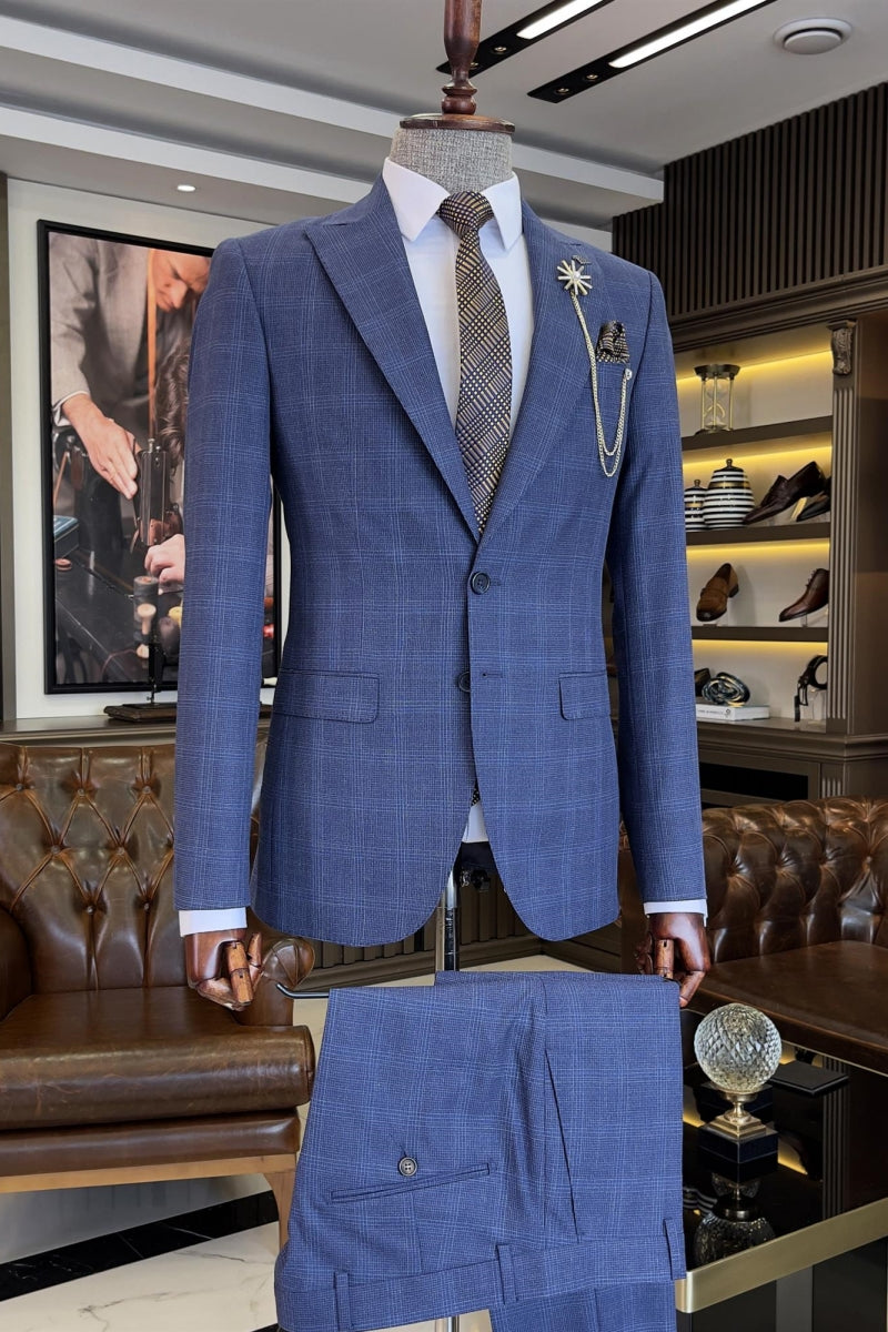 Modern Blue Gray Plaid Business Suits For Men