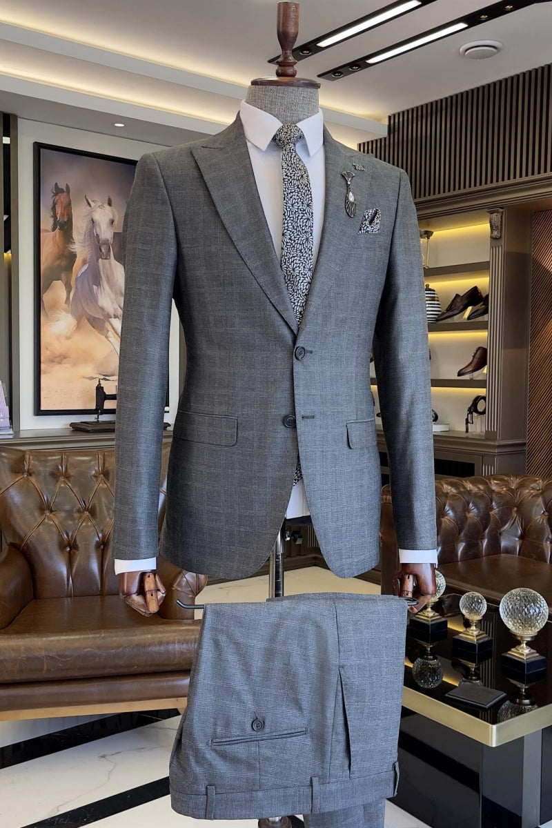 Glamorous Silver Gray Plaid Slim Fit Suits For Men
