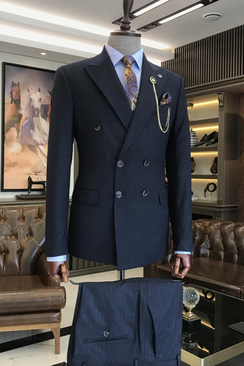 Stylish Dark Blue Striped Double Breasted Business Suits