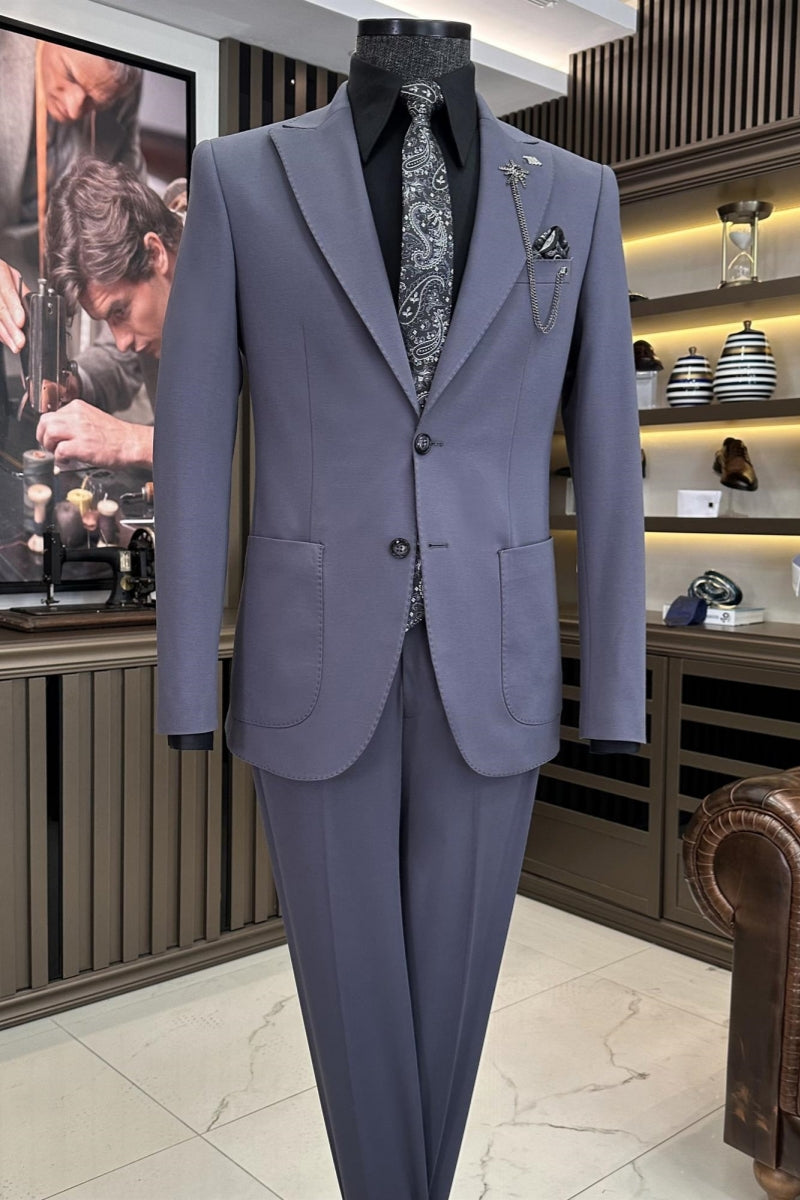 Light Blue Gray Bespoke fashion Peaked Lapel Business Suits