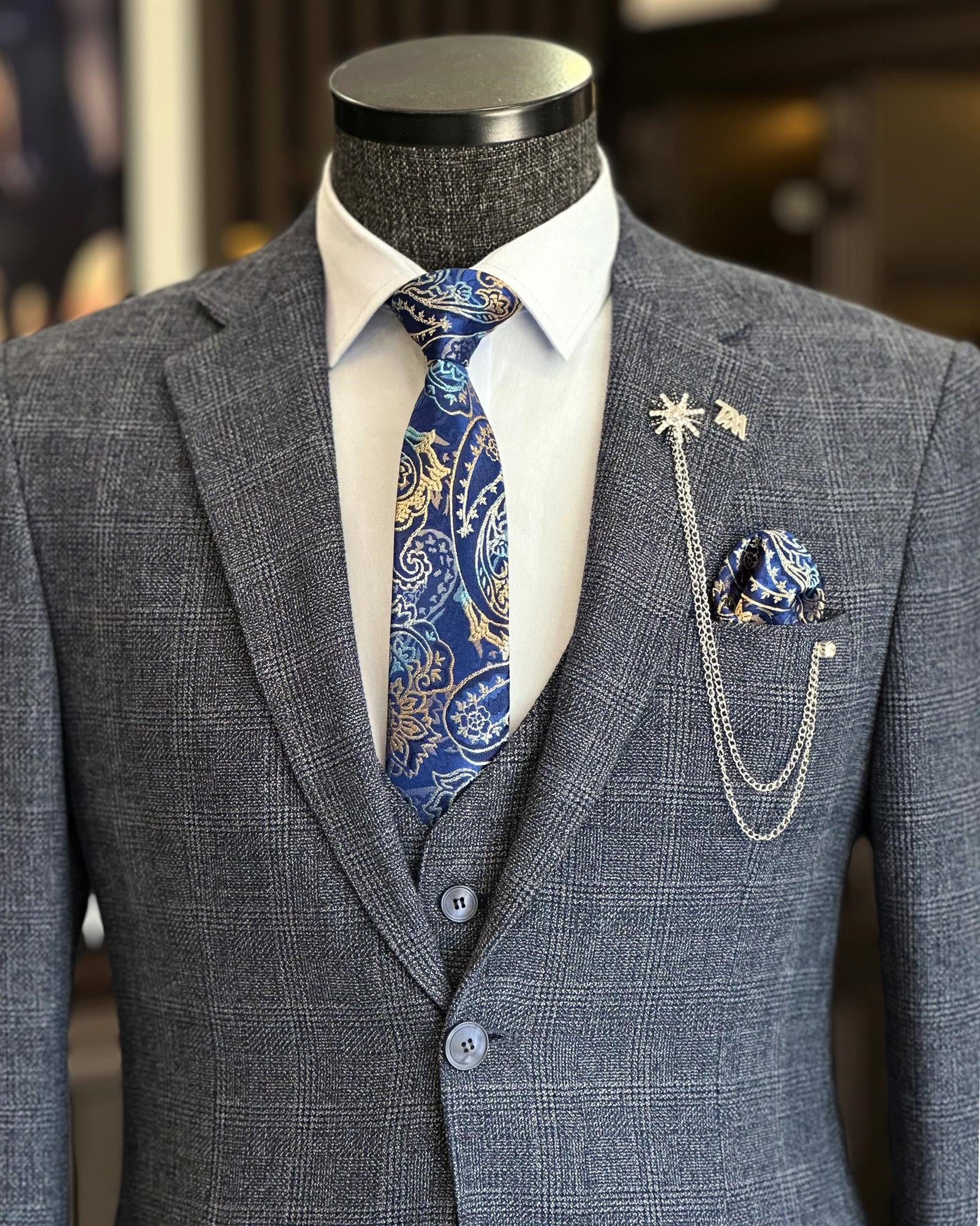Bespoke Gray Plaid Notched Lapel 3 Pieces Formal Suits