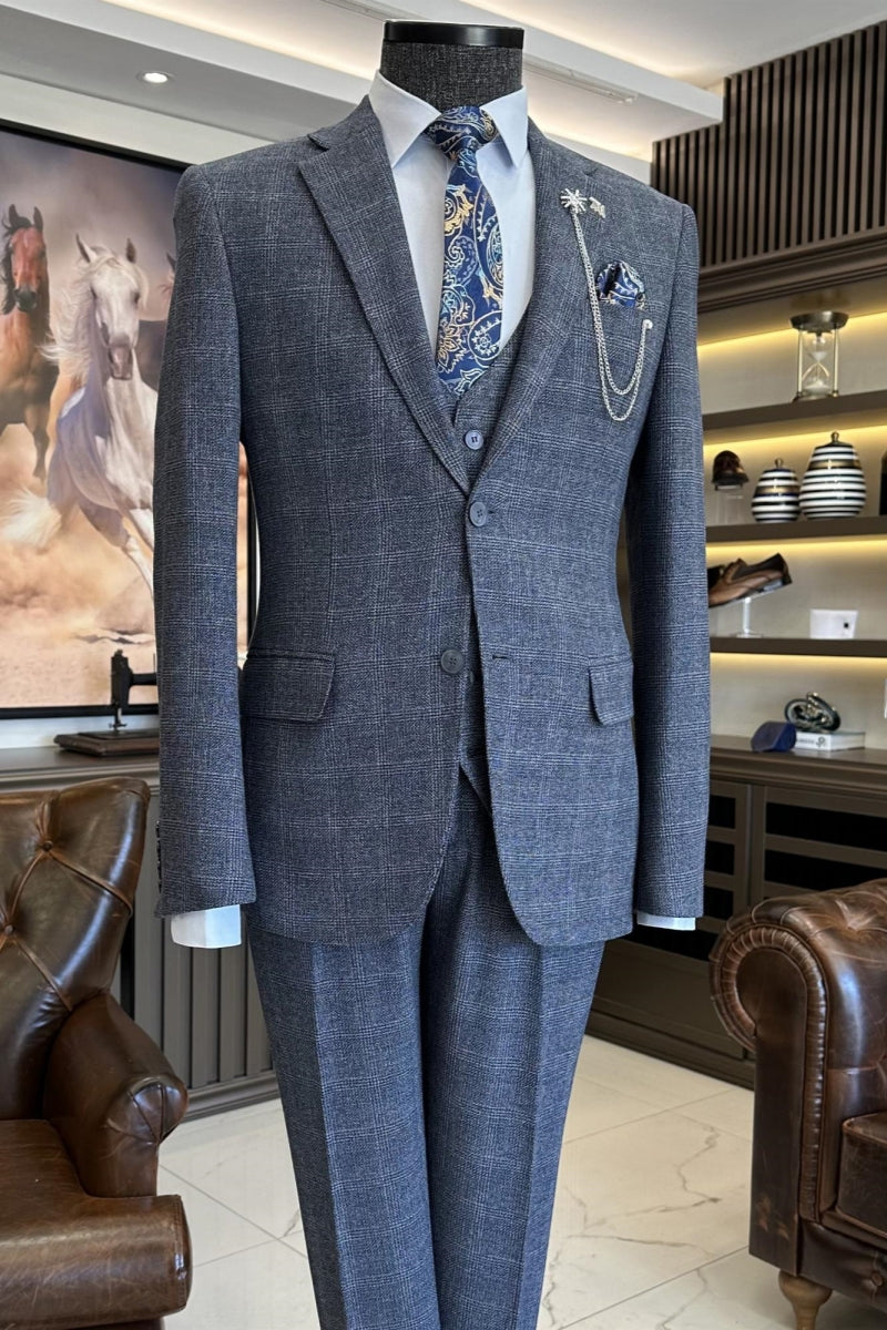 Bespoke Gray Plaid Notched Lapel 3 Pieces Formal Suits