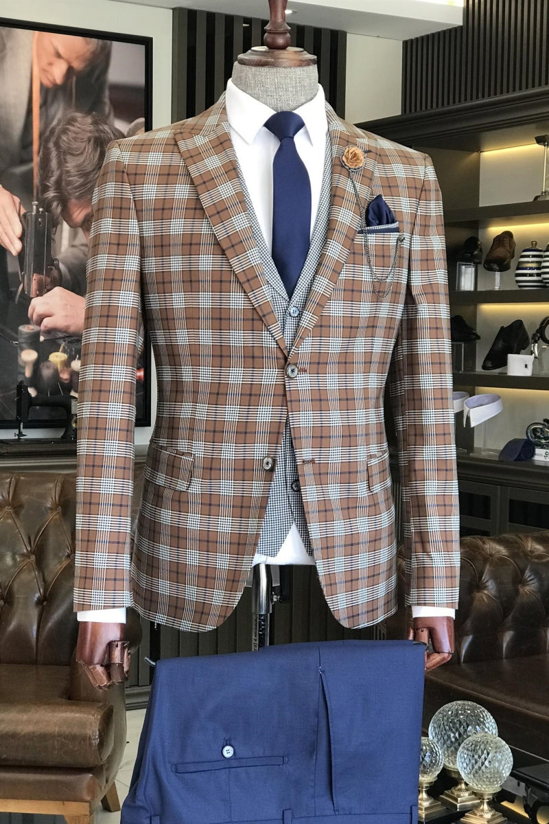 Bespoke Light Brown Plaid 3 Pieces Fancy Suits With Navy Pants