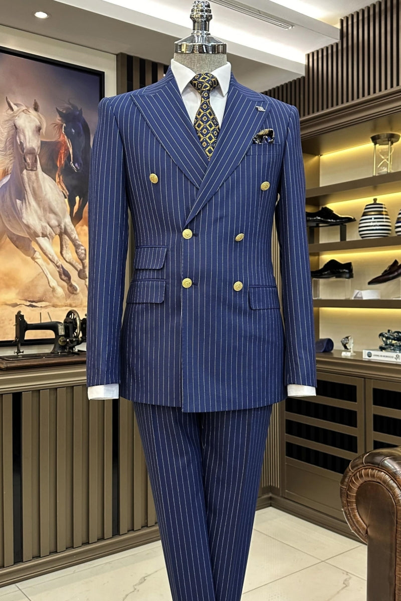 Navy Blue Pinstripe Double Breasted Formal Close Fitting Suits