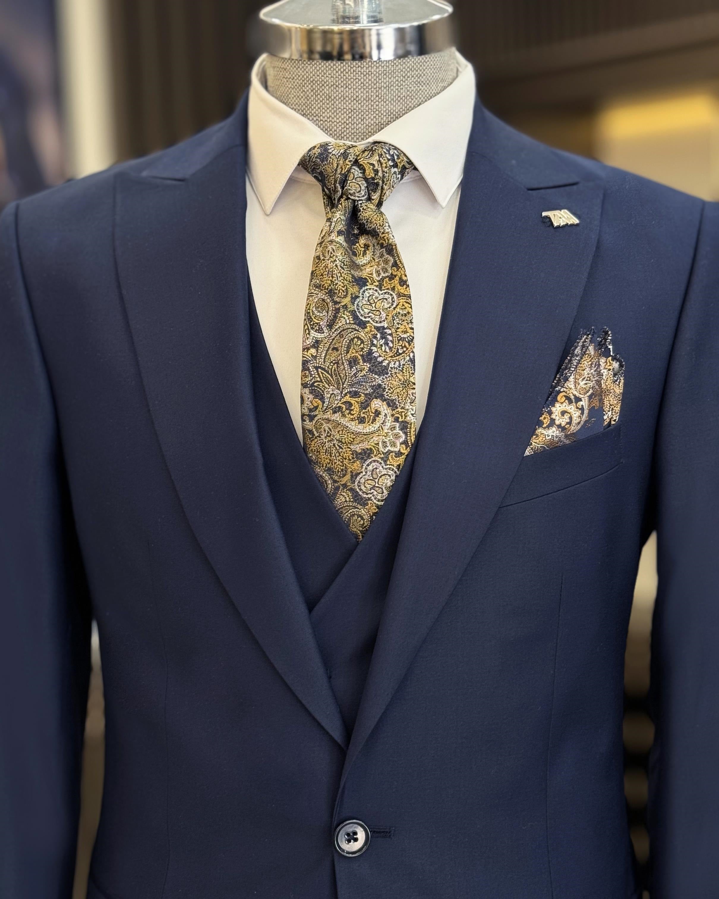 Fashion 3 Pieces Navy Blue Simple Slim Fitting Business Suits