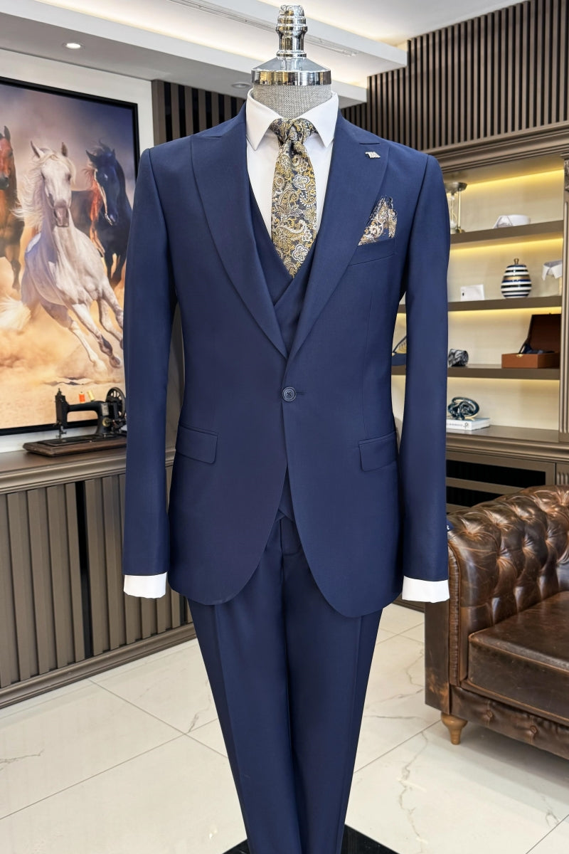 Fashion 3 Pieces Navy Blue Simple Slim Fitting Business Suits
