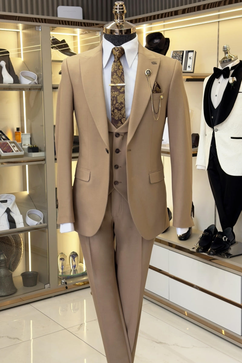 Modern Khaki 3 Pieces Bespoke Formal Close Fitting Suits For Men