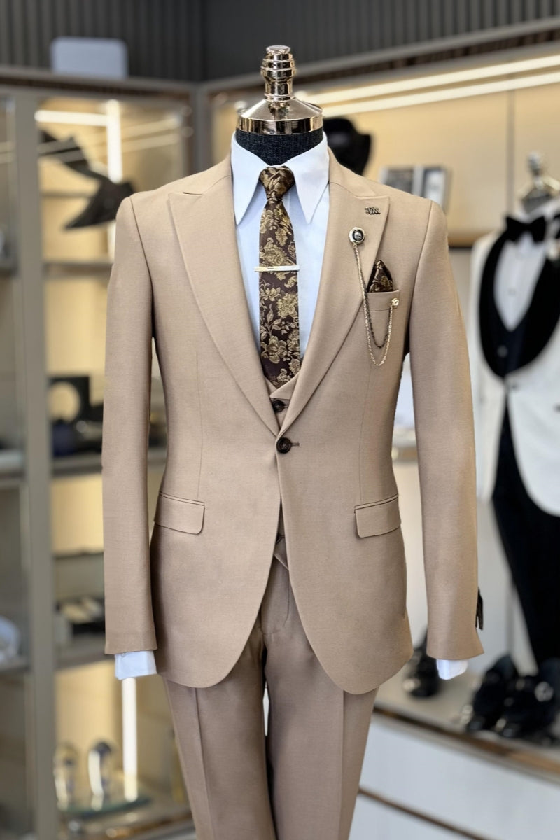 Modern Khaki 3 Pieces Bespoke Formal Close Fitting Suits For Men