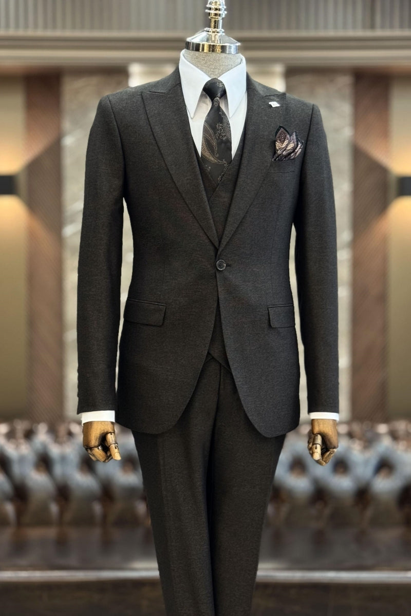 Dark Gray chic Peaked Lapel One Button 3 pieces Business Suits