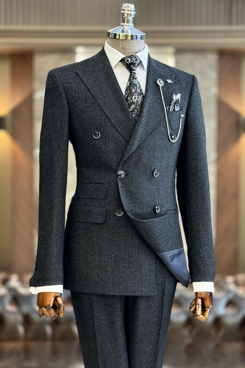 Morden Black Peaked Lapel Striped Double Breasted Business Suits