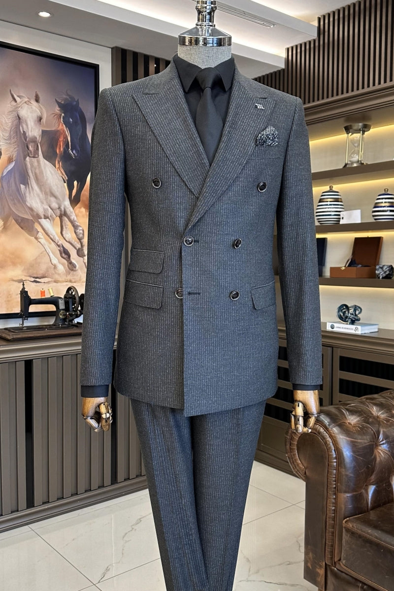 Fashion Dark Gray Peaked Lapel Striped Double Breasted Business Suits