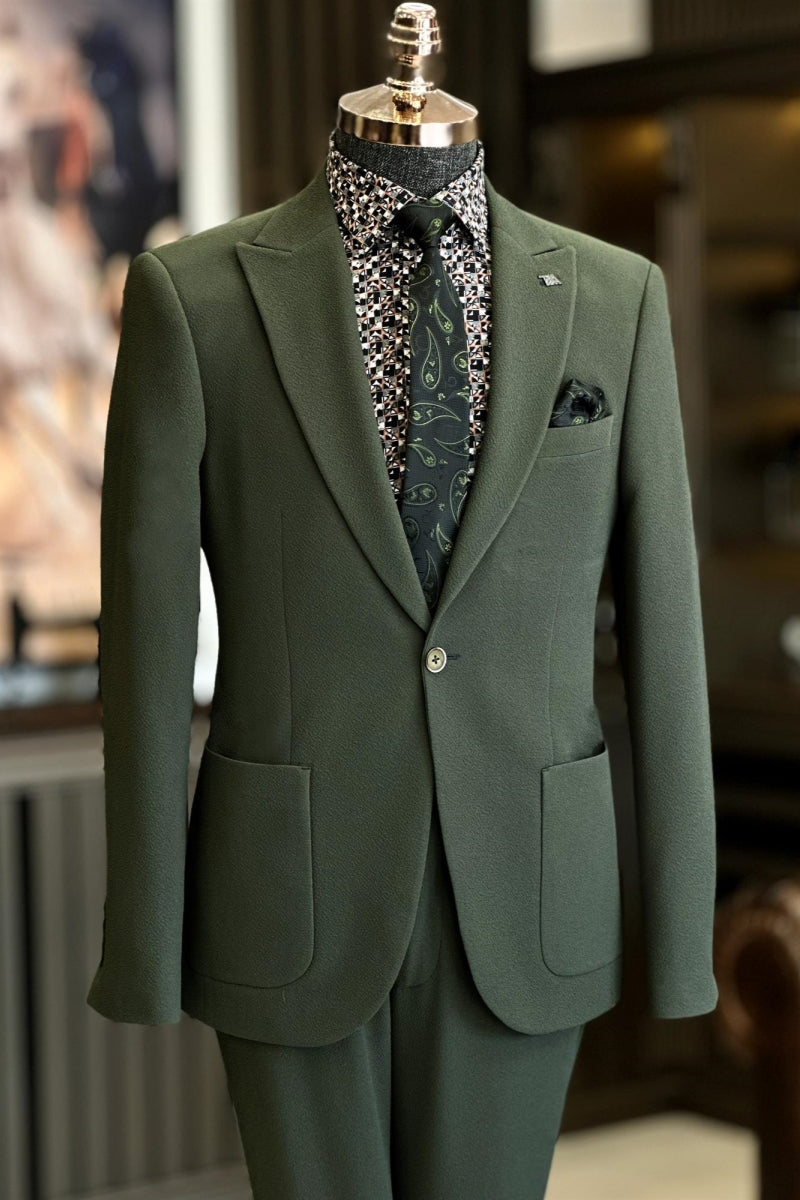 Chic Dark Green Peaked Lapel One Button Business Suits