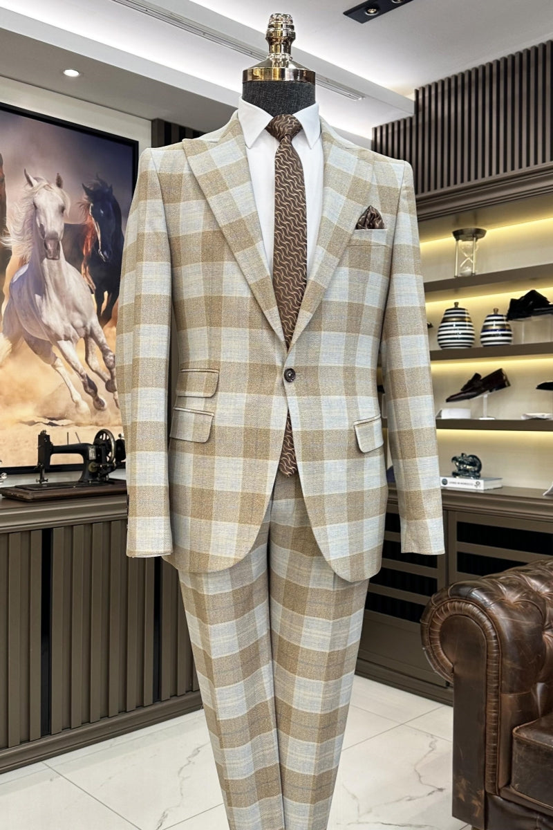 Bespoke Khaki Business Men Suits with Gray Plaid