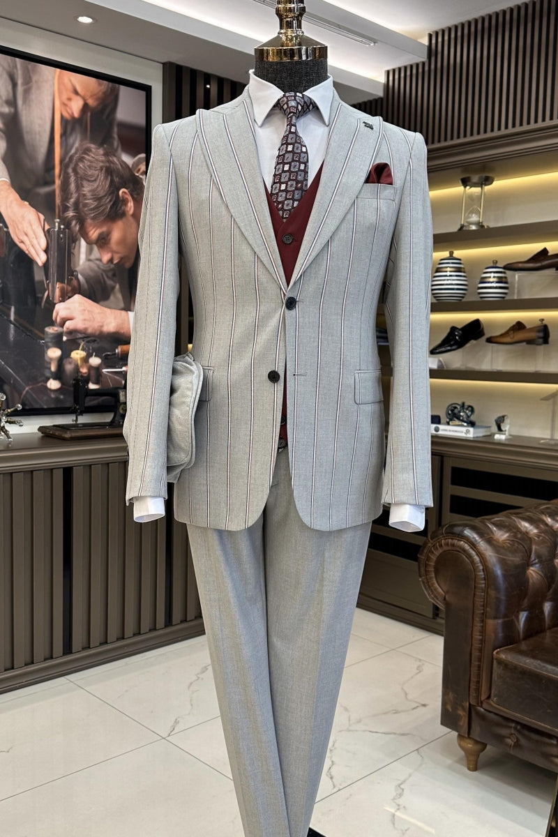 Slim Fit Gray Striped Peaked Lapel Business Suits For Men