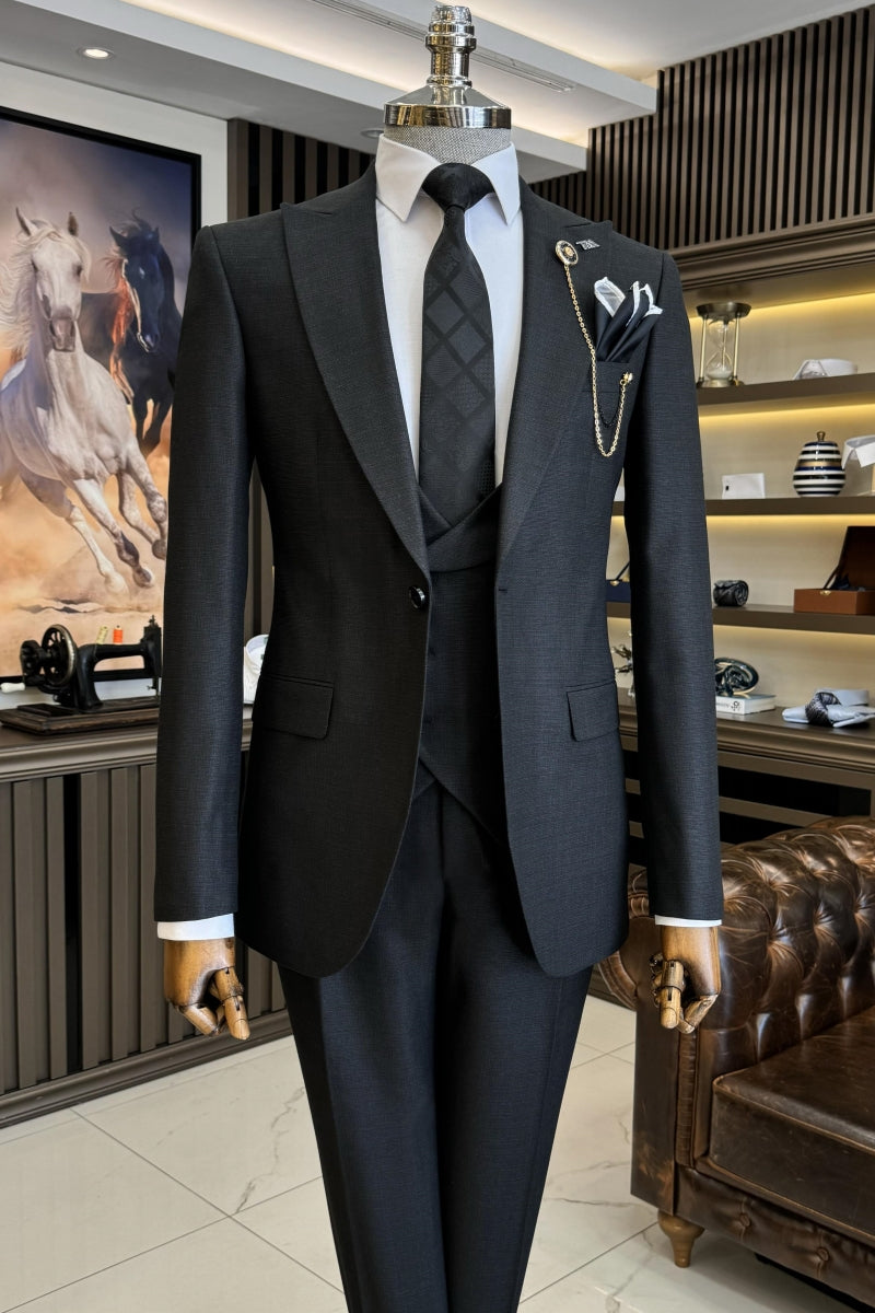 Classic Black 3 Pieces Close Fitting Business Suits With Vest