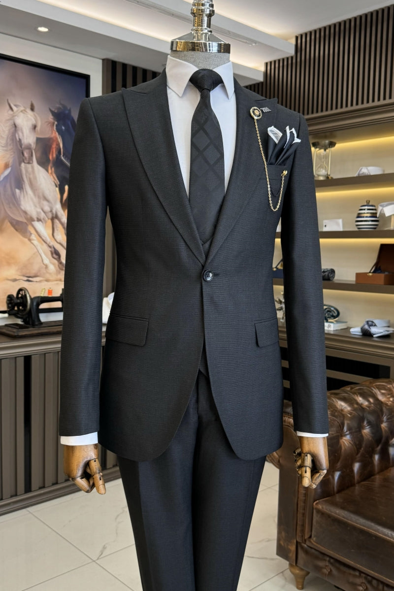 Classic Black 3 Pieces Close Fitting Business Suits With Vest