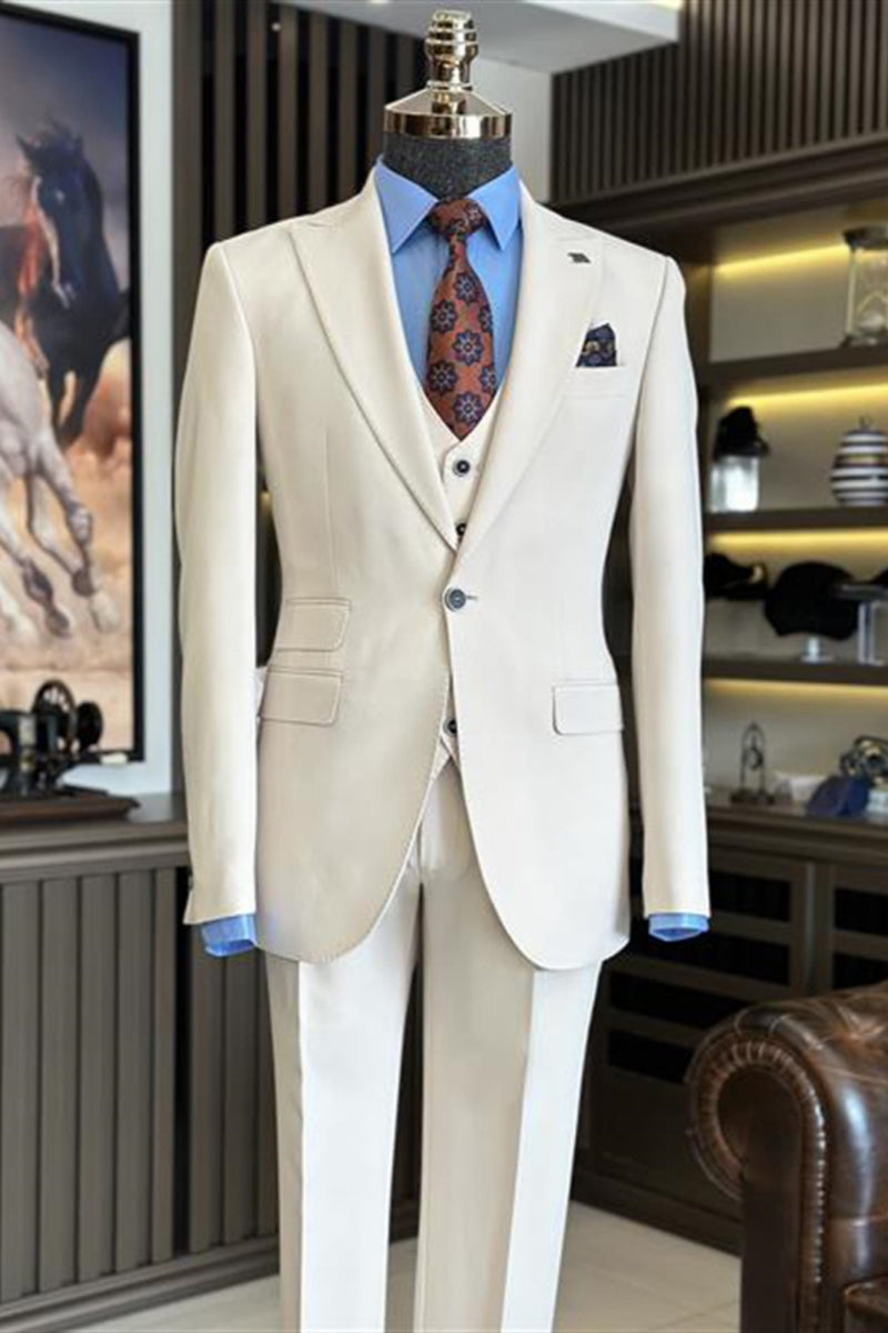 Bespoke Cream Color 3 Pieces Slim Fitting Business Suits With Waistcoat