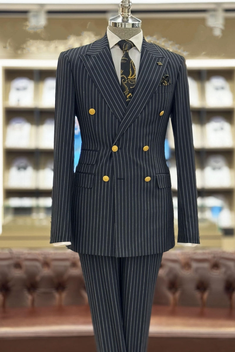 Best Fitted Dark Blue Double Breasted Striped Business Siuts