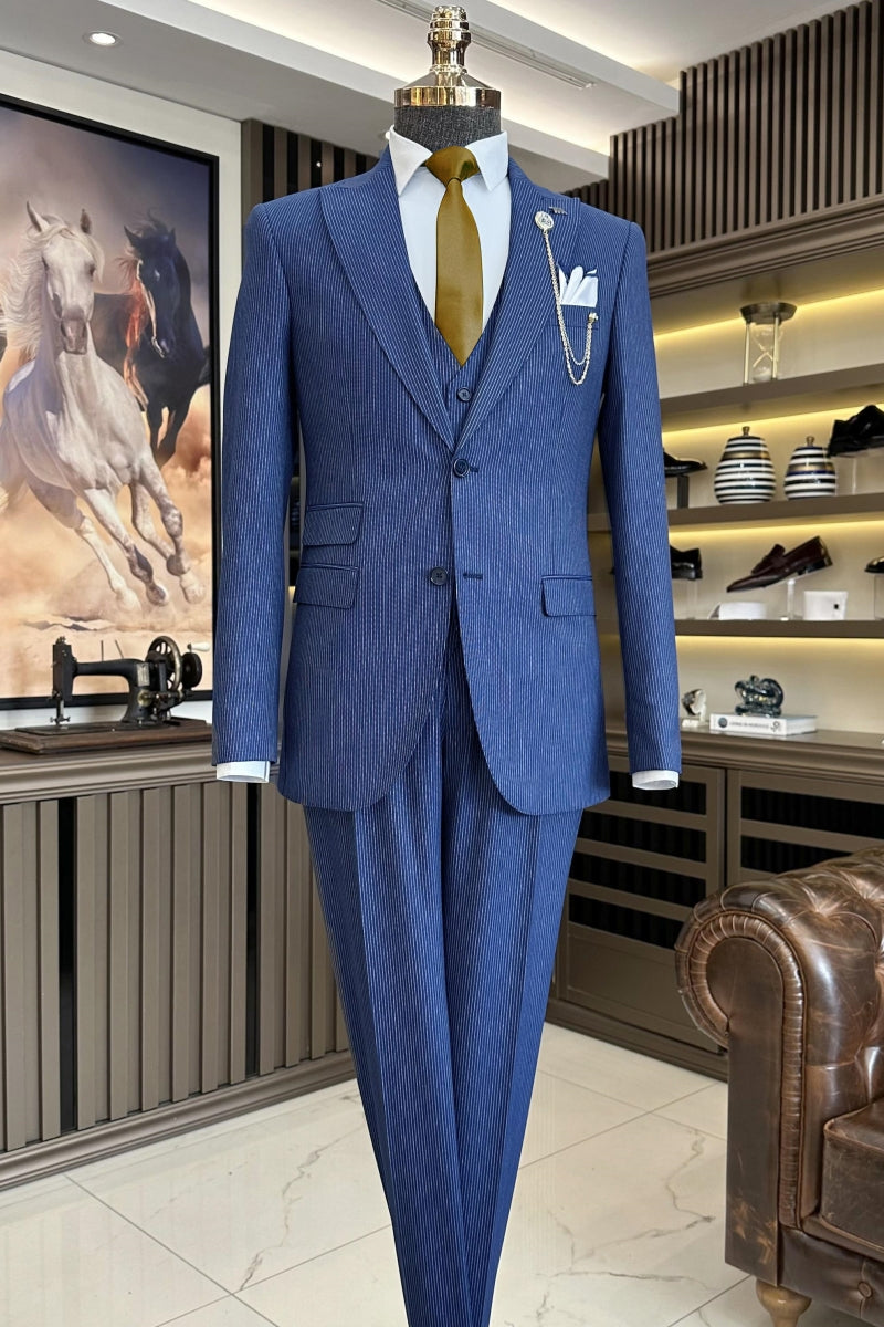 New Arrival Royal Blue 3 Pieces Striped Business Suits