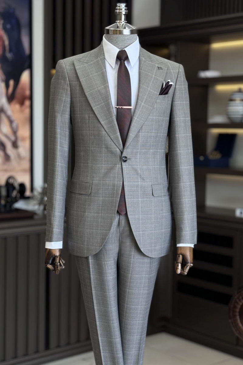 Bespoke Light Gray Best Fitted Plaid Peaked Lapel Formal Suits
