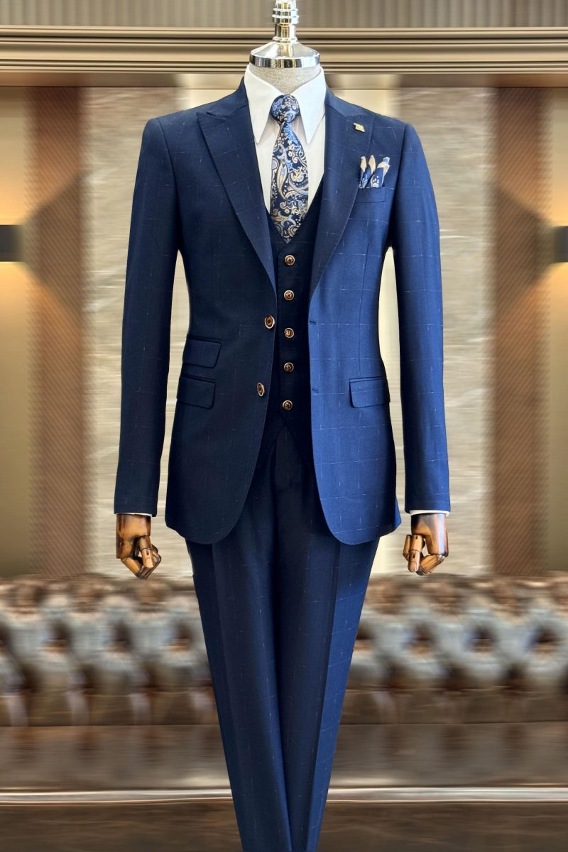 Close Fitting Navy Blue 3 Pieces Plaid Business Suits With Waistcoat