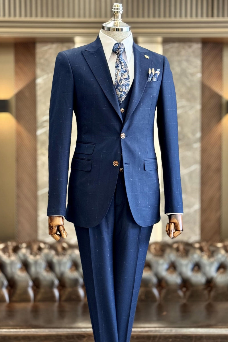 Close Fitting Navy Blue 3 Pieces Plaid Business Suits With Waistcoat