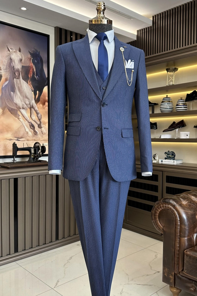 Formal Royal Blue Striped 3 Pieces Peaked Lapel Business Suits