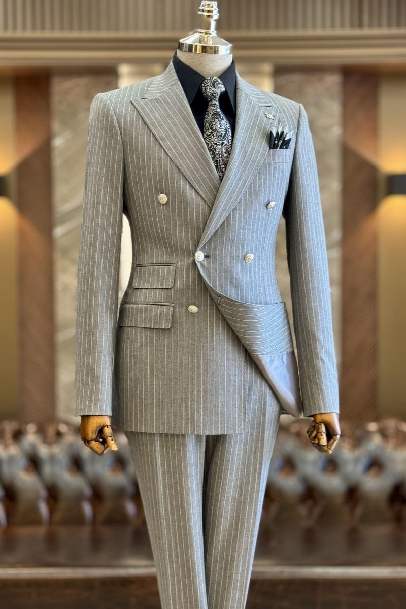 Chic Light Gray Striped Double Breasted Business Suits