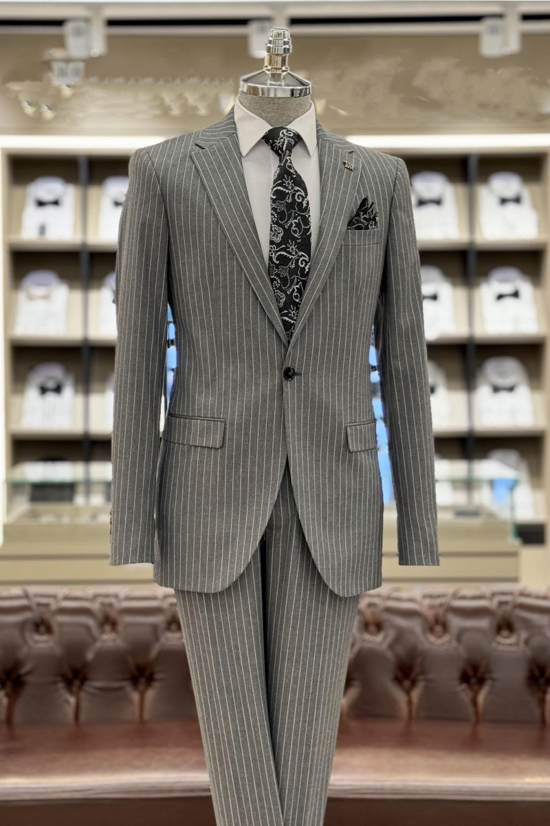 Formal Gray Striped Notch Lapel Slim Fit One Button Business Suits