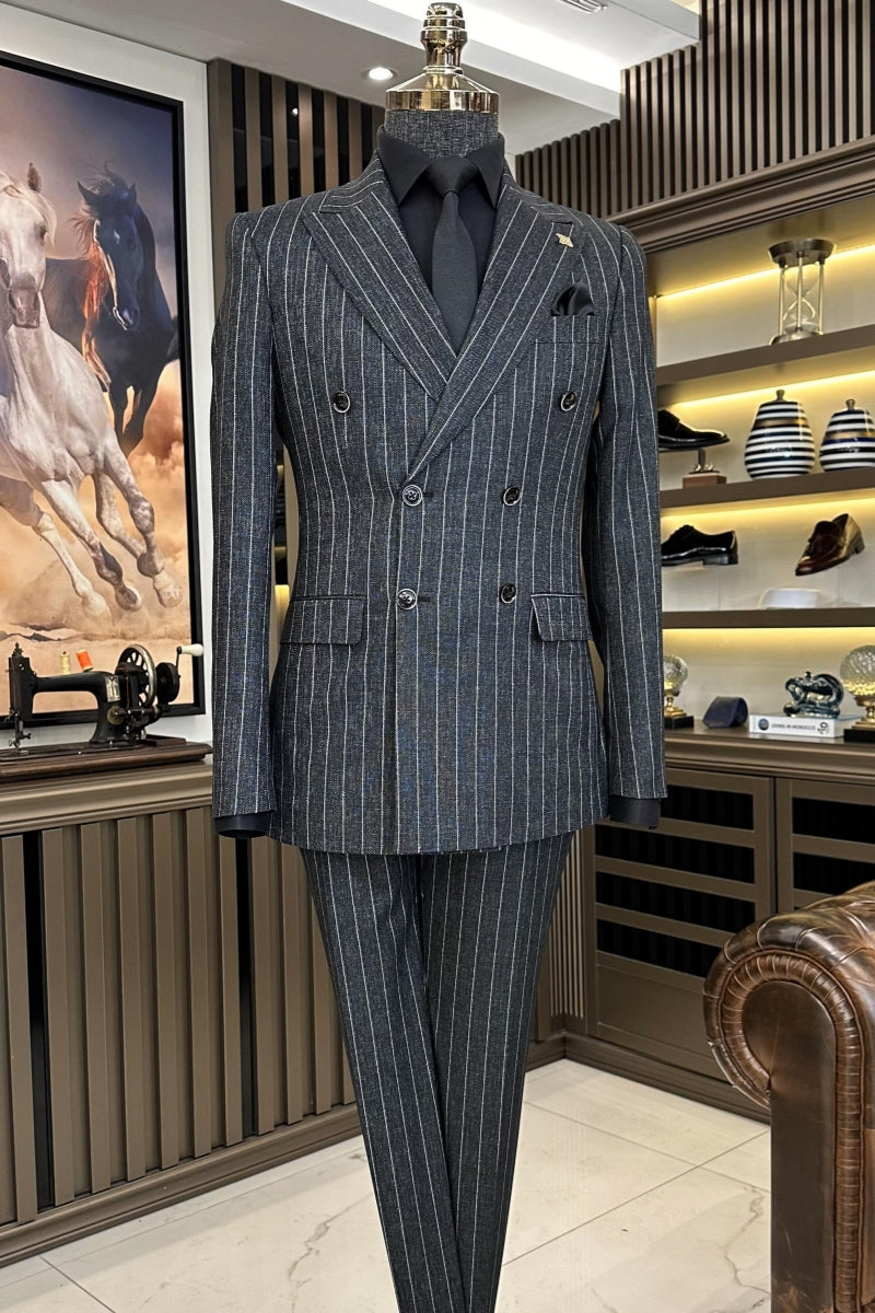 Glamorous Dark Gray Striped Double Breasted Business Suits