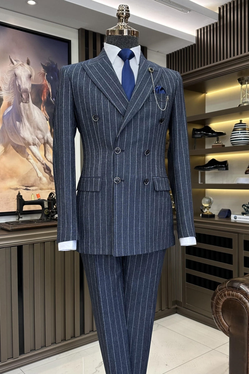Best Fitted Striped Navy Blue Double Breasted Business Suits
