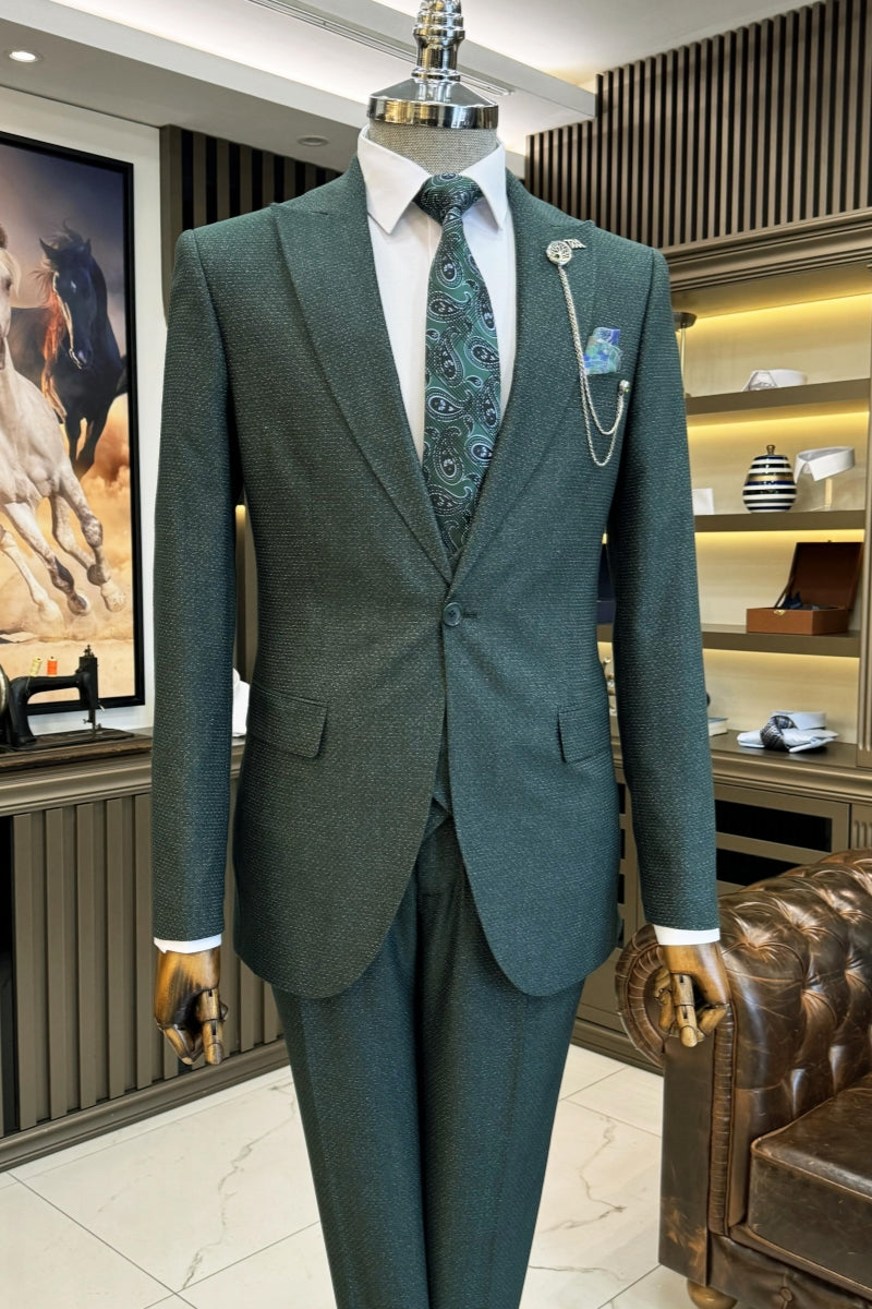 Trendy Dark Green 3 Pieces Business Suits With Vest