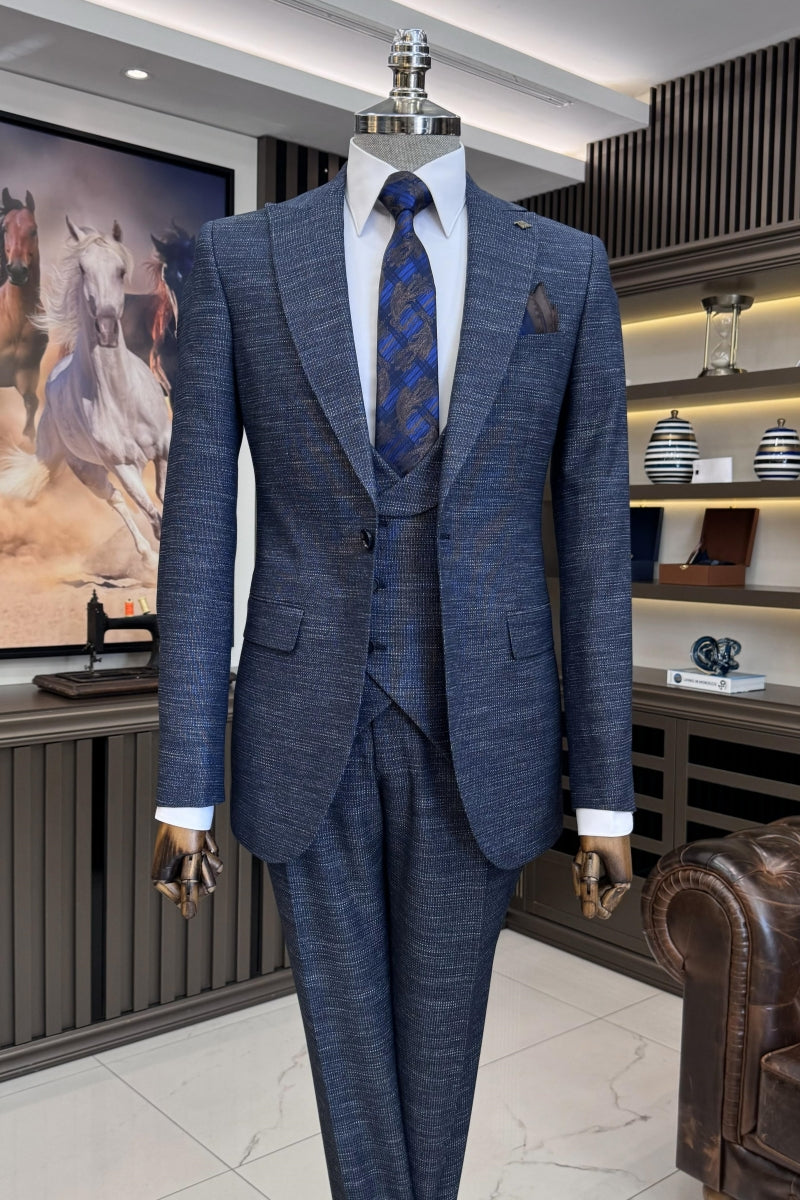 Fancy Navy Blue 3 Pieces Plaid Business Suits
