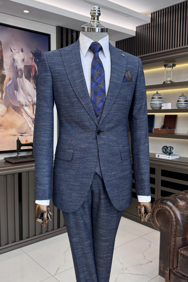 Fancy Navy Blue 3 Pieces Plaid Business Suits