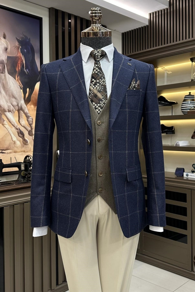 New Arrival Navy Blue Plaid 3 Pieces Business Suits With Vest