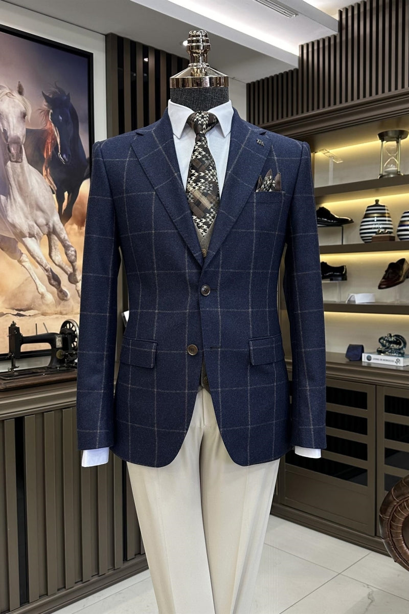 New Arrival Navy Blue Plaid 3 Pieces Business Suits With Vest