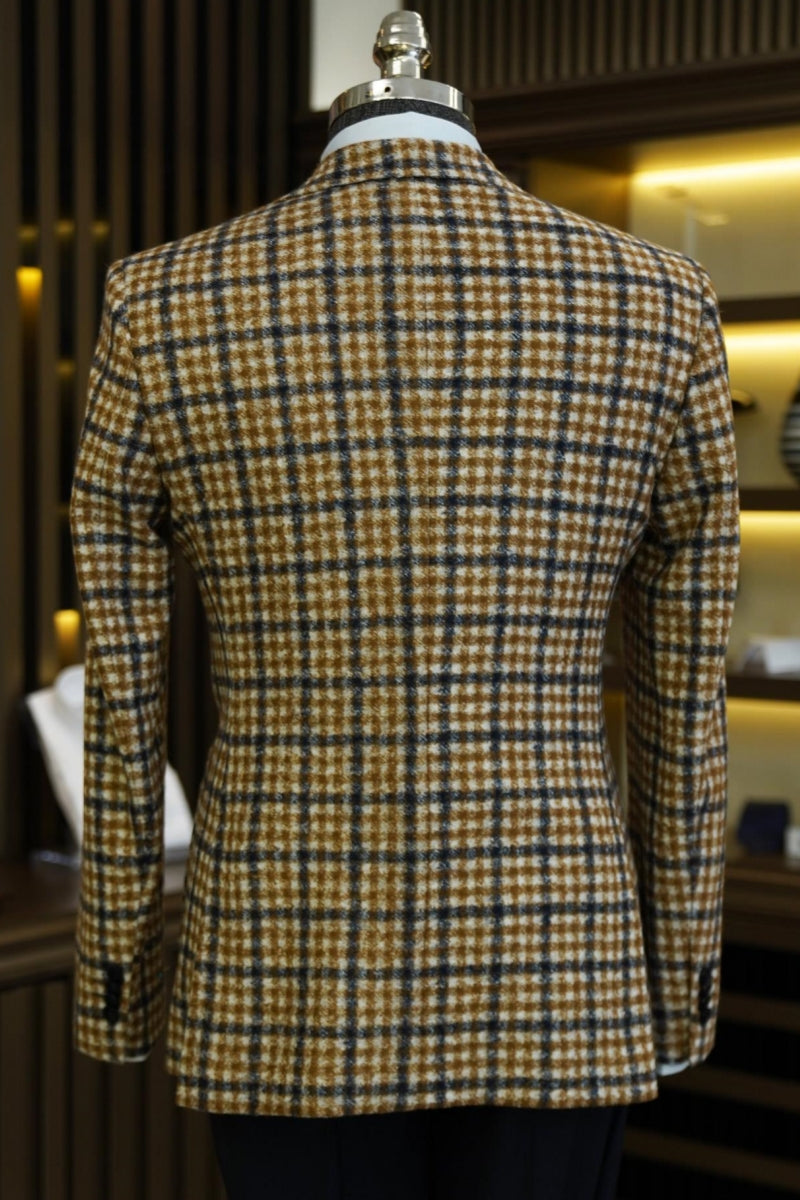 Stylish Yellow Notch Lapel Plaid 3 Pieces Business Suits With Black Vest