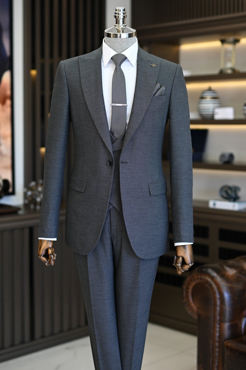 Chic Dark Gray Slim Fit 3 Pieces Business Suits With Waistcoat
