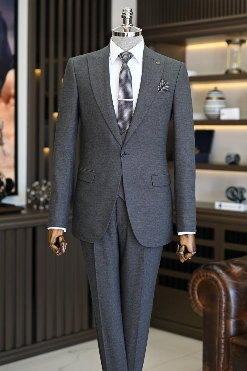Chic Dark Gray Slim Fit 3 Pieces Business Suits With Waistcoat