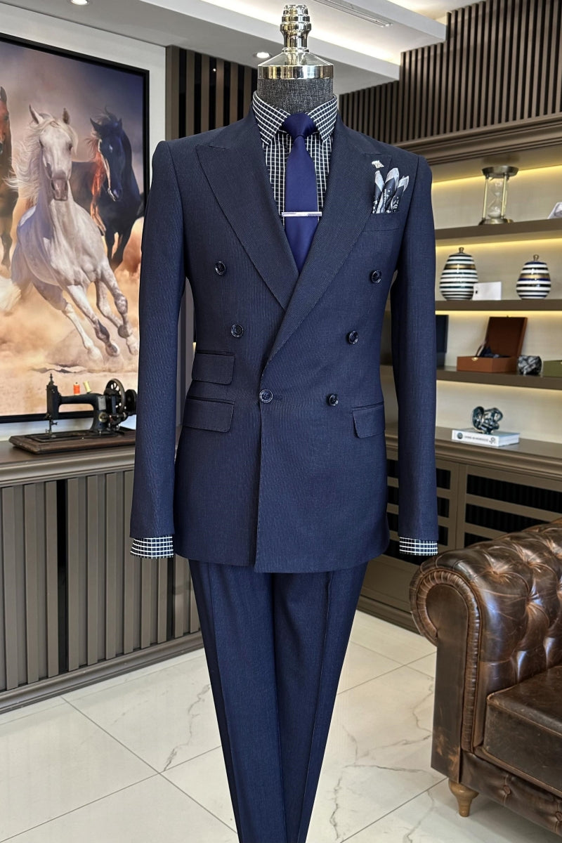 Bespoke Navy Blue Double Breasted Peaked Lapel Bussiness Suits