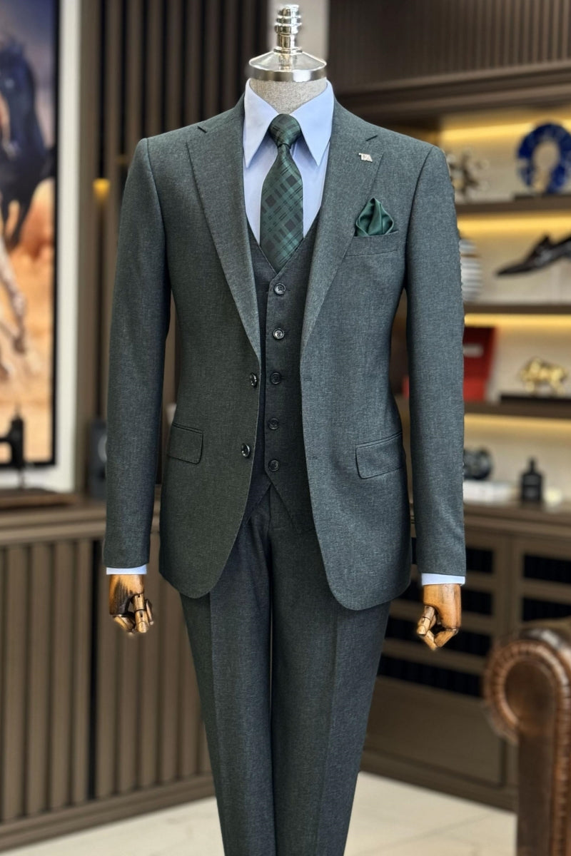 Stylish Dark Green Notch Lapel 3 Pieces Business Suits With Waistcoat