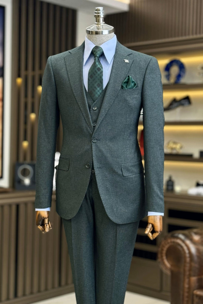 Stylish Dark Green Notch Lapel 3 Pieces Business Suits With Waistcoat
