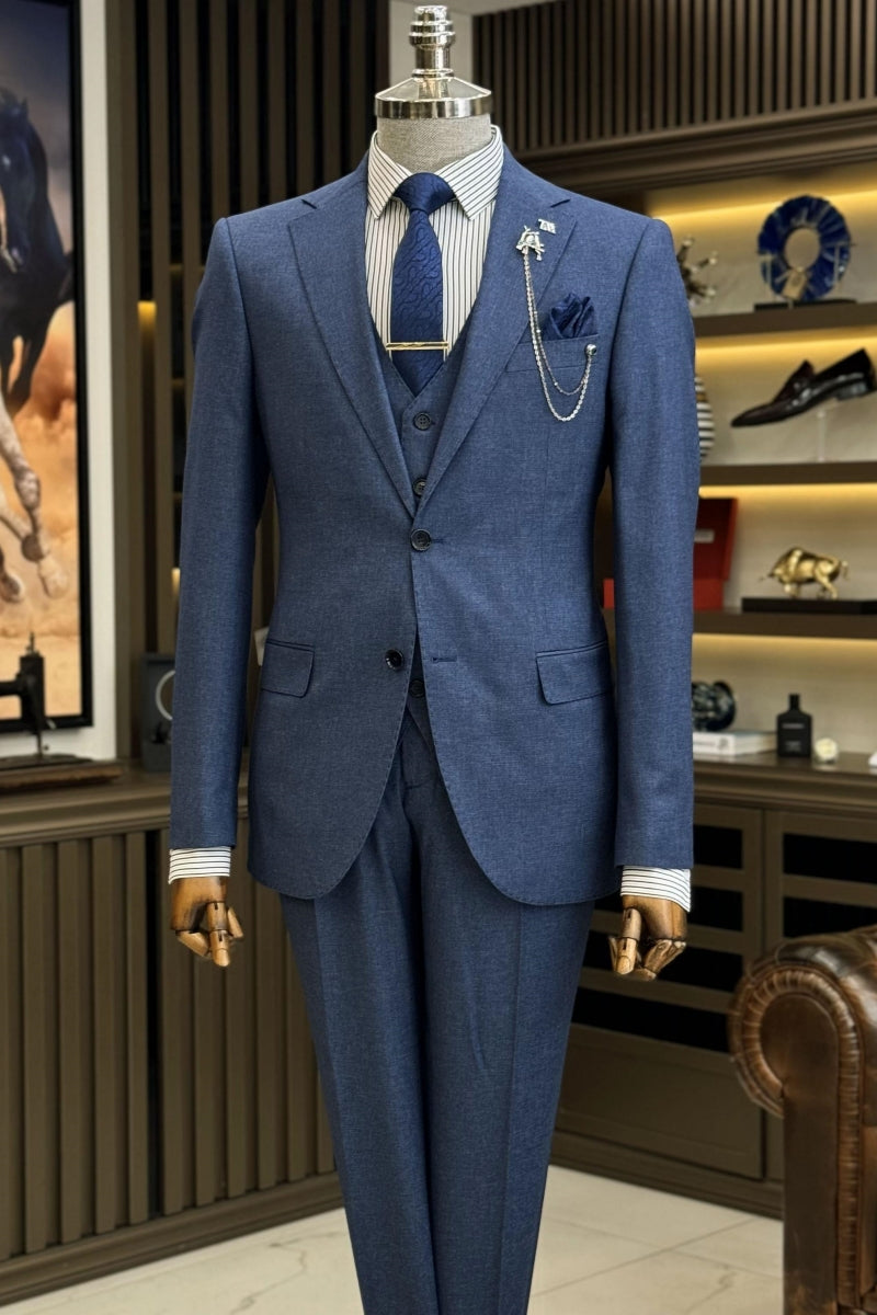 Close Fitting Navy Blue Notch Lapel 3 Pieces Business Suits